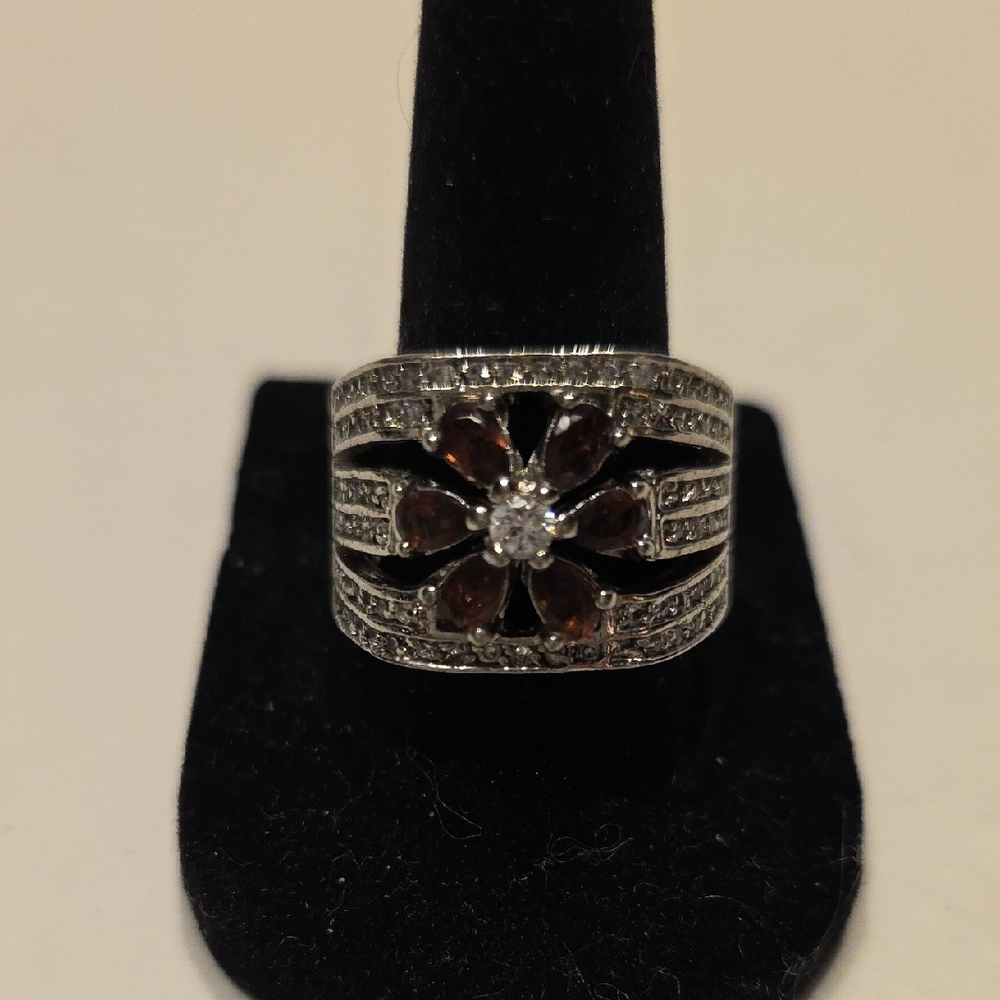 Elegant Silvertone and Garnet Look Crystal Floral Ring Size 7.5